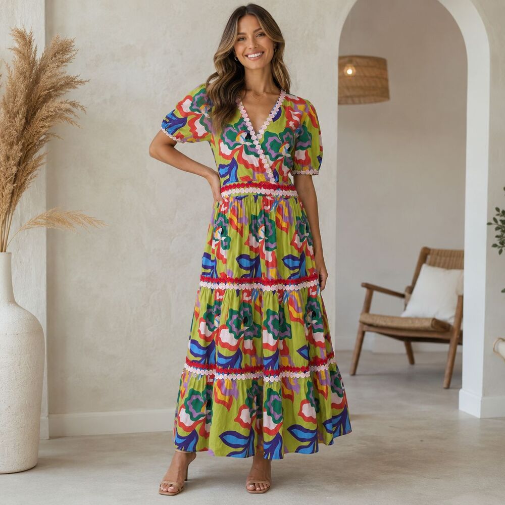 Briton Court Gigi Maxi Dress Large Limelight Parrot Floral Tiered Cotton NWT